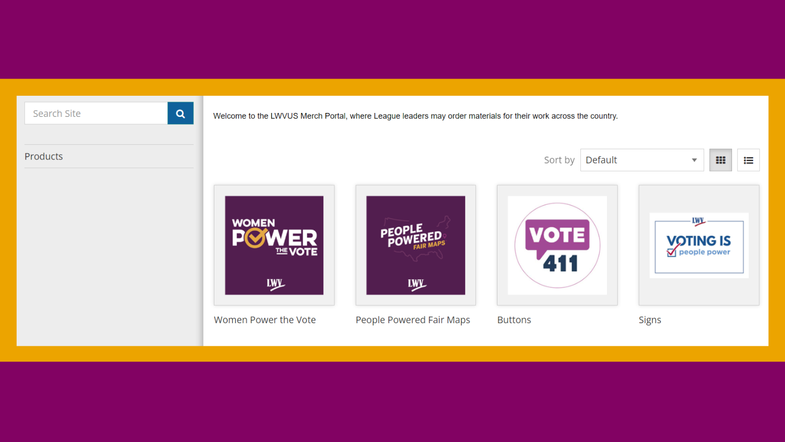 Screenshot of the LWVUS Merch portal